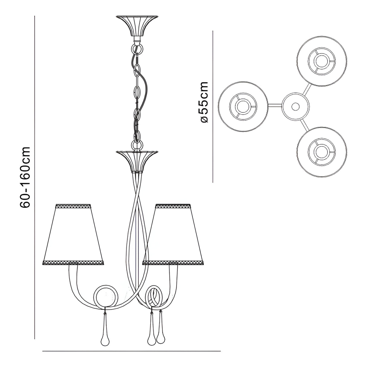 Paola 55cm 3 Light Chandelier - Silver With Cream Shades