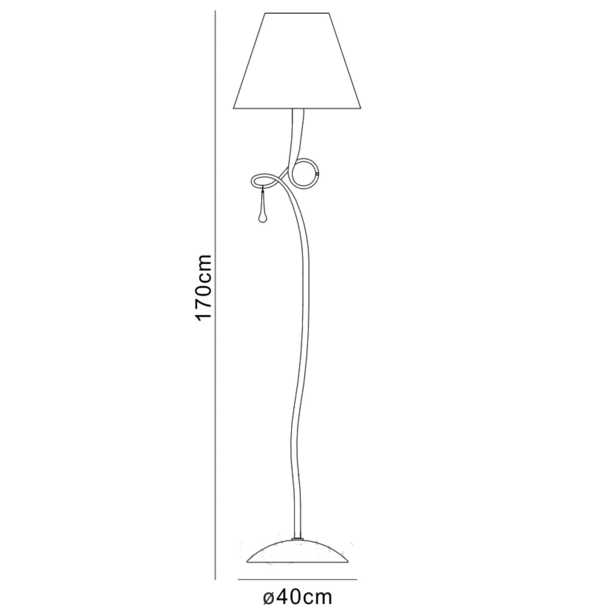 Line drawing of the Paola 1 Light Floor Lamp—silver with a black shade, glass droplets, curved stand with a loop detail, 170 cm tall, 40 cm round base, and pull switch below the shade.