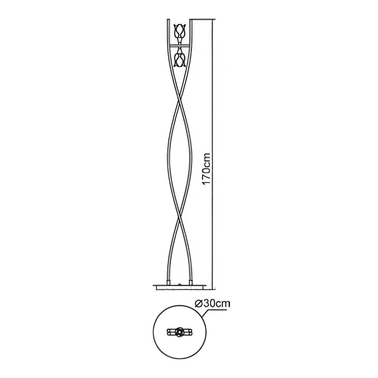 Line drawing of the Amel 2 Light Floor Lamp - Black Chrome: a tall, modern fixture with two intertwined curved stems, 170 cm high and a round 30 cm base, shown from front and top views—ideal for contemporary interiors.