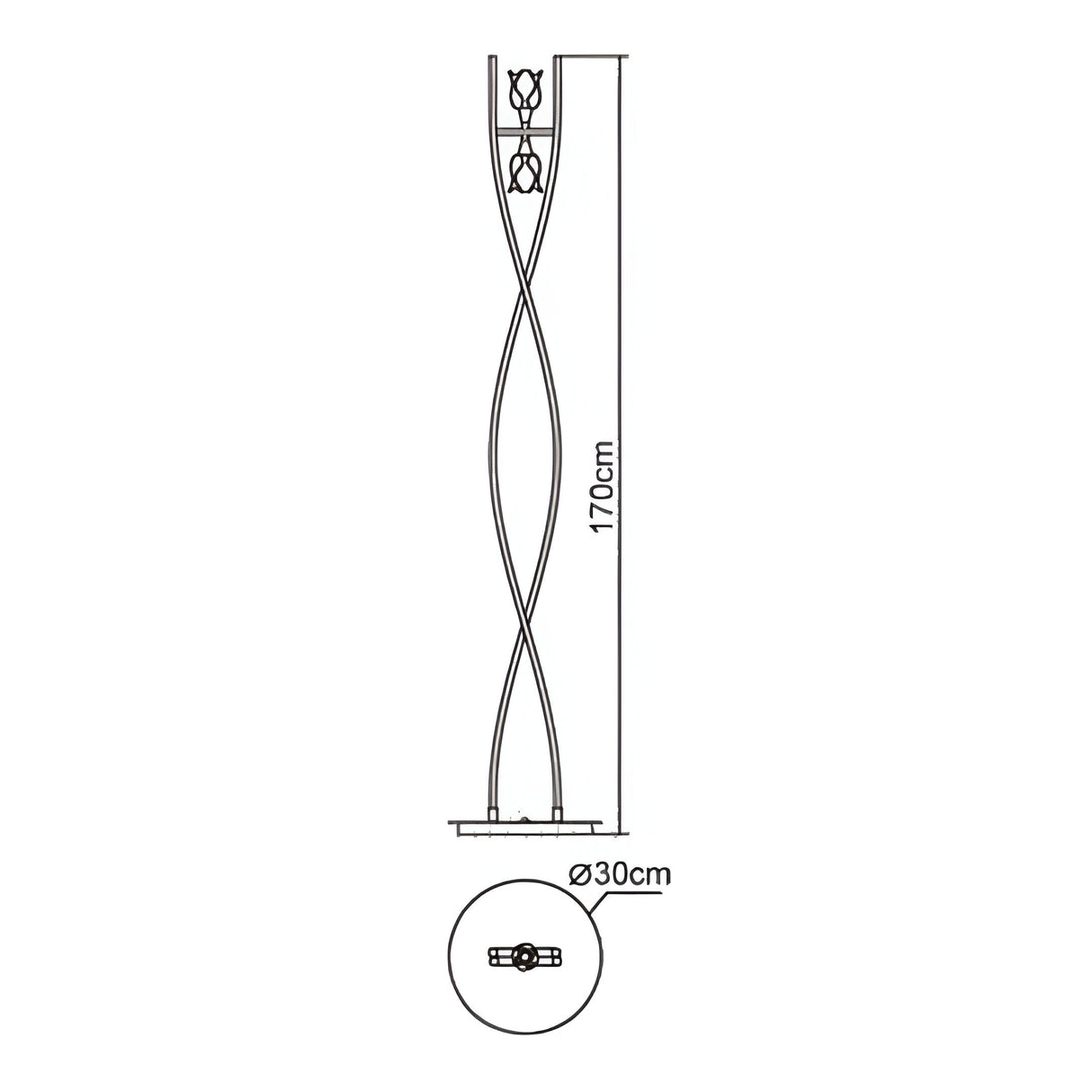 Line drawing of the Amel 2 Light Floor Lamp - Polished Chrome, featuring two twisted vertical elements on a circular base (30 cm diameter), standing 170 cm tall. Top view showcases its dimmable twisted design.