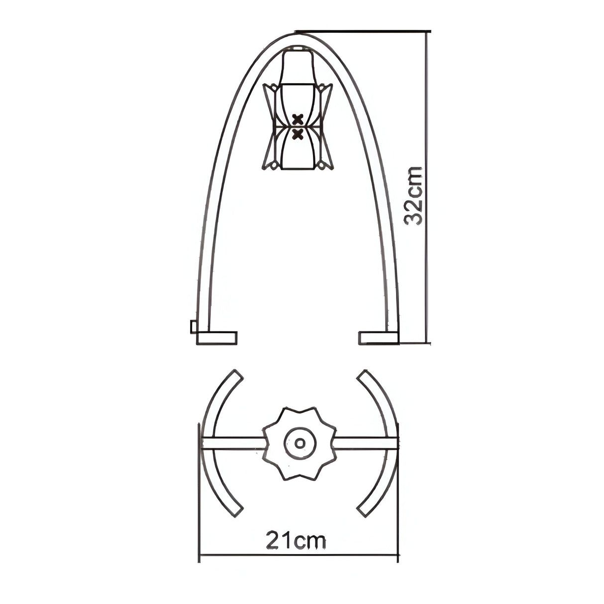 Line drawing of the Alaska 1 Light Table Lamp in Satin Nickel, featuring an arched frame and floral bulb holder with frosted glass shade. Dimensions: 32 cm tall, 21 cm wide. Includes front and top views.