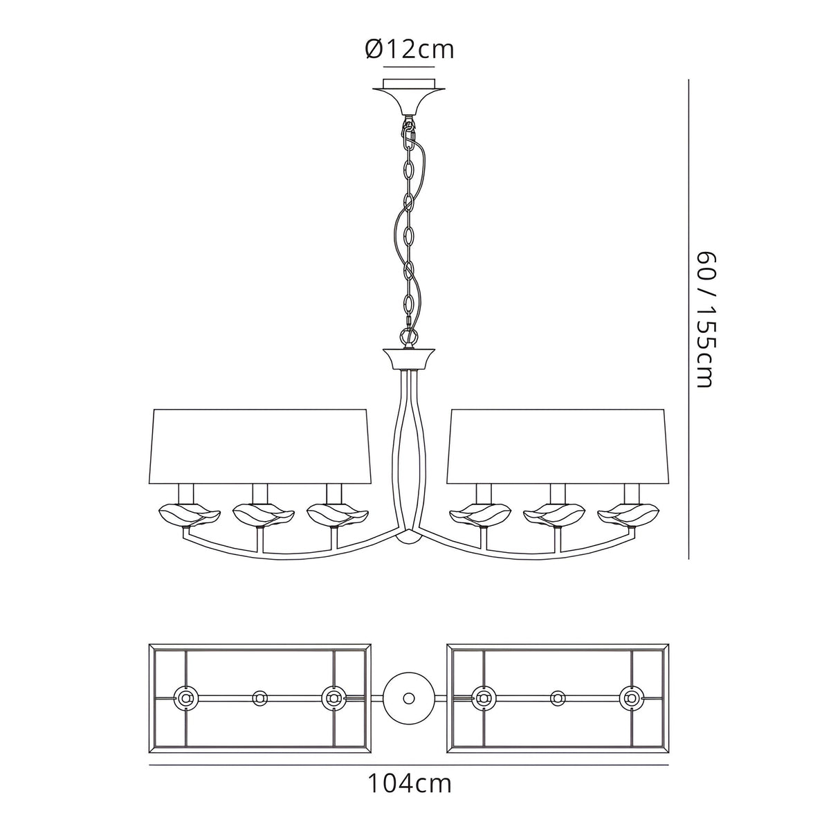 Akira 6 Light 2 Arm Crystal Chandelier - Brass With Cream Shades