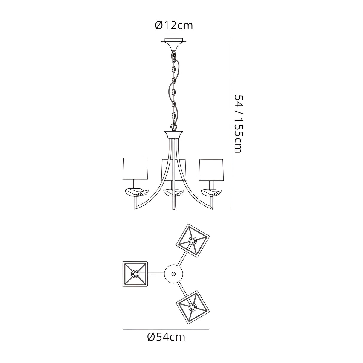 Akira 54cm 3 Light Crystal Chandelier - Brass With Cream Shades