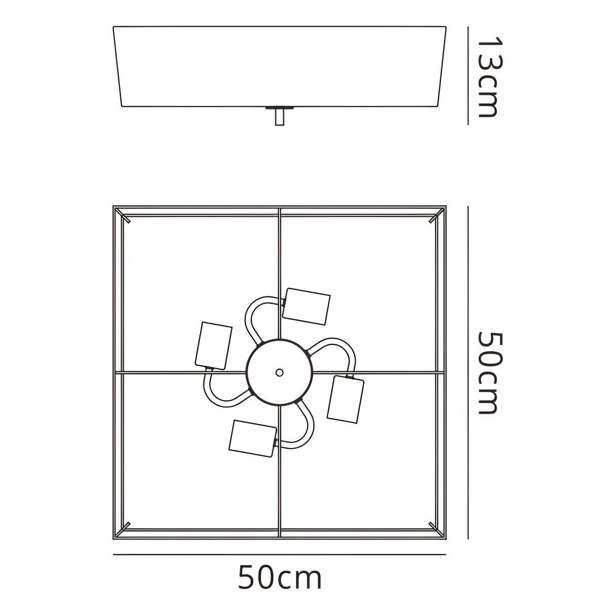 Technical line drawing of the Mantra Akira 4 Light Square Flush Ceiling Light in black, showing 50cm width, 50cm depth, and 13cm height dimensions.