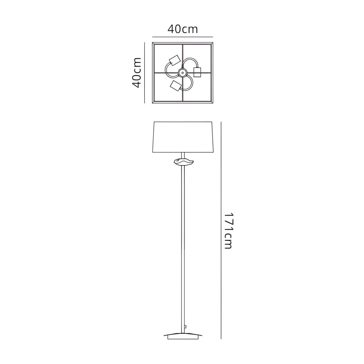 Line drawing of the Akira 3 Light Floor Lamp in antique brass with a black fabric shade; features dimming, stands 171 cm tall, and has a square shade measuring 40 x 40 cm from the top view.