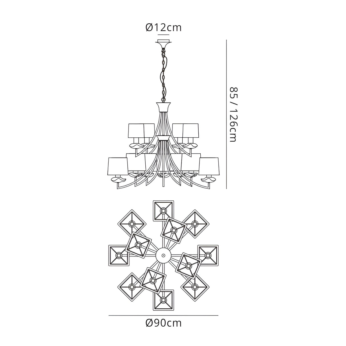 Akira 90cm 2 Tier 12 Light Crystal Chandelier - Brass With Cream Shades