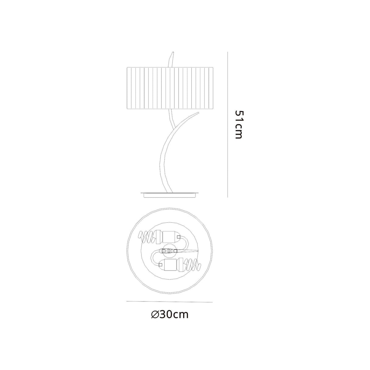 Line drawing of the Eve 2 Light Table Lamp in polished chrome with a white round shade, shown from side and top views. Lamp height is 51 cm, shade diameter is 30 cm, with two light sockets visible from above.