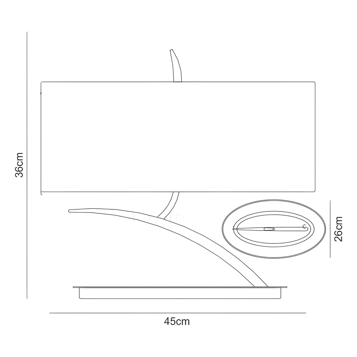 Line drawing of the Eve 2 Light Table Lamp in polished chrome with a black oval shade. The lamp measures 36 cm tall and 45 cm wide, features a curved stem, and has all dimensions clearly labeled.