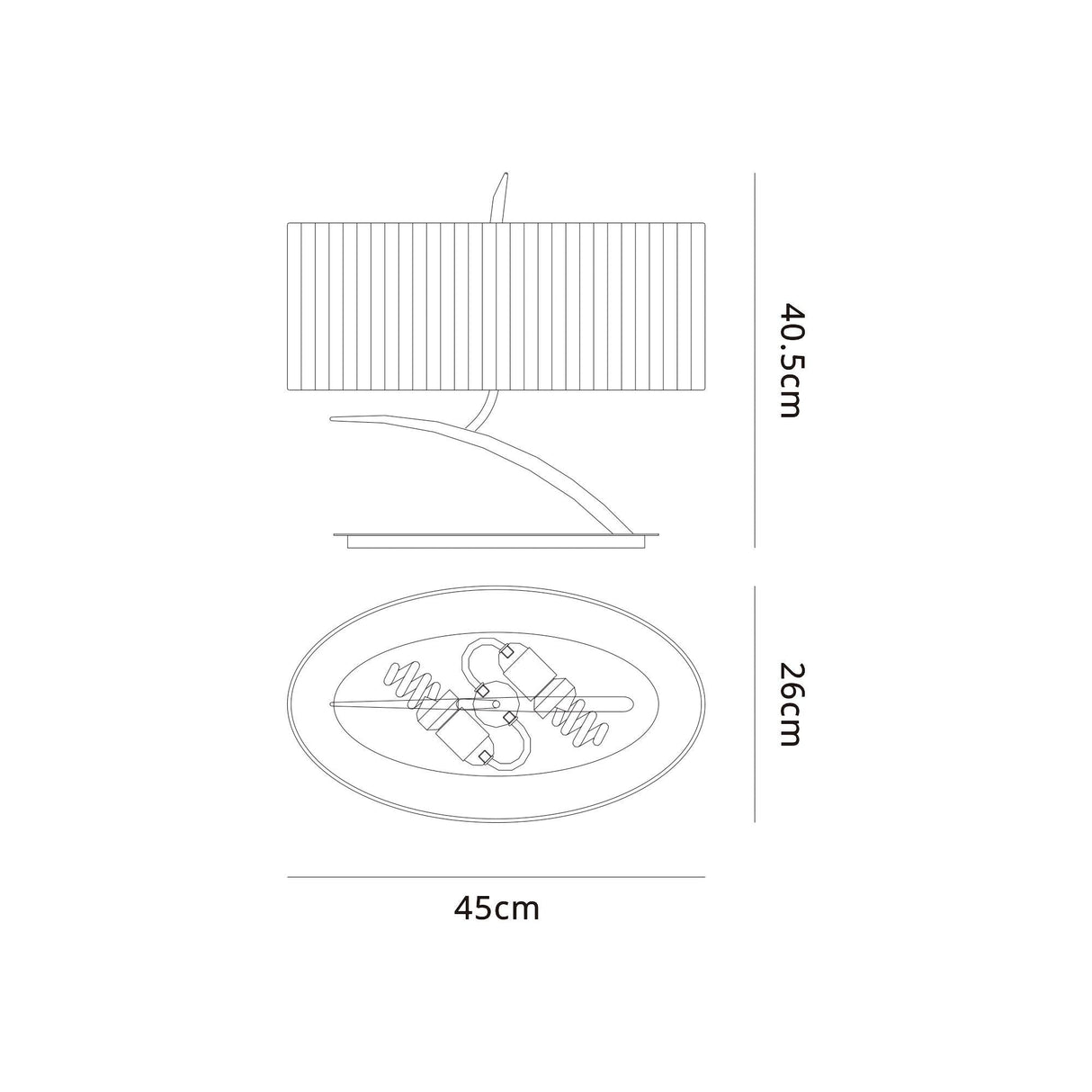 Line drawing of the Eve 2 Light Table Lamp - Polished Chrome White Oval Shade: height 40.5 cm, shade width 45 cm, depth 26 cm. Side and top views show its oval shade, curved base, and polished chrome finish.