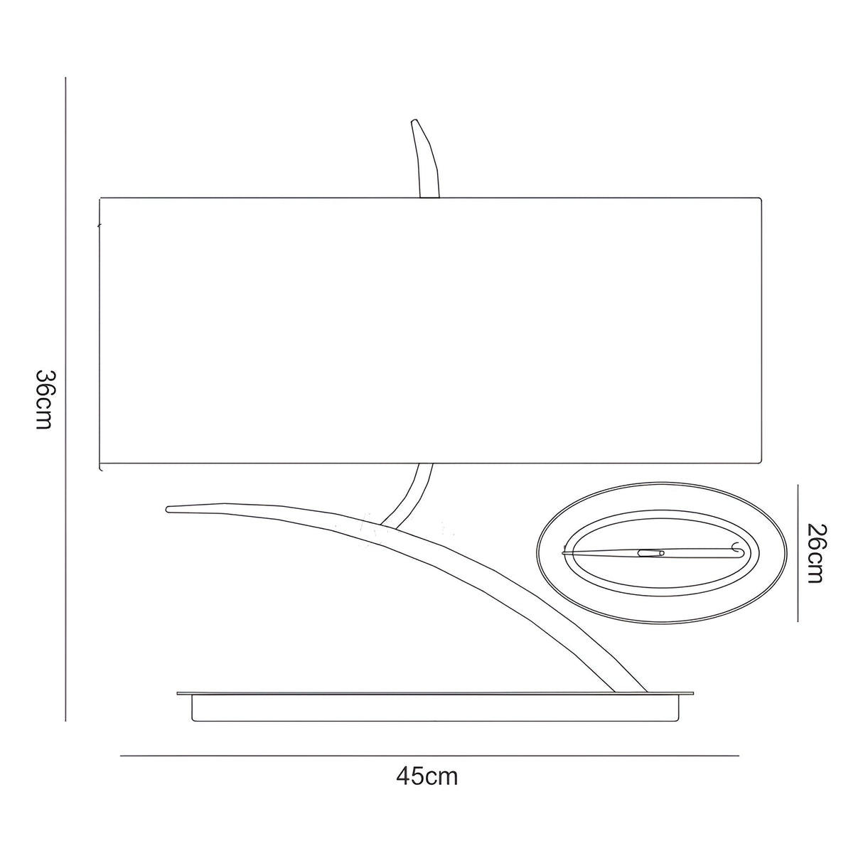 Line drawing of the Eve 2 Light Table Lamp in polished chrome with a white oval shade. Dimensions: 36 cm tall, 45 cm wide, and 26 cm deep. Side and top views showcase its modern contemporary lighting design.