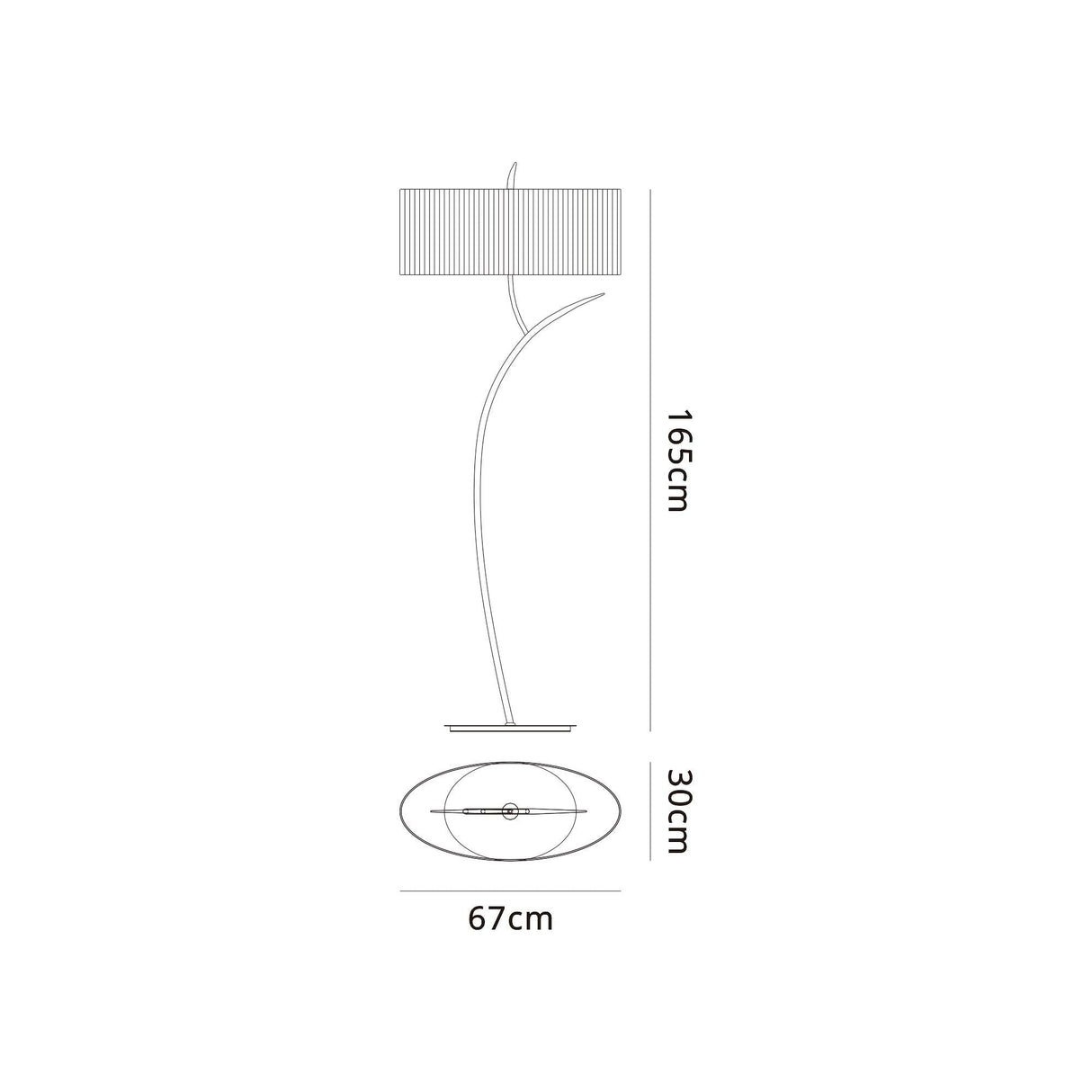 Line drawing of the Eve 2 Light Floor Lamp - Chrome White Oval Shade, featuring a curved stem, oval base, and cylindrical shade. Dimensions: 165 cm high, 67 cm wide at the base, and 30 cm deep.