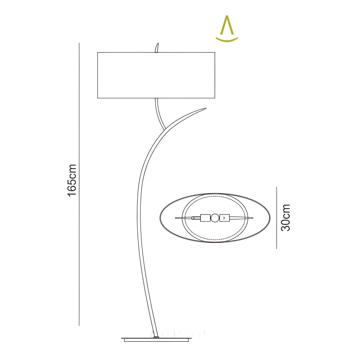 A diagram of the Eve 2 Light Floor Lamp in chrome with a white oval shade, perfect for adding contemporary style and lighting to any room.