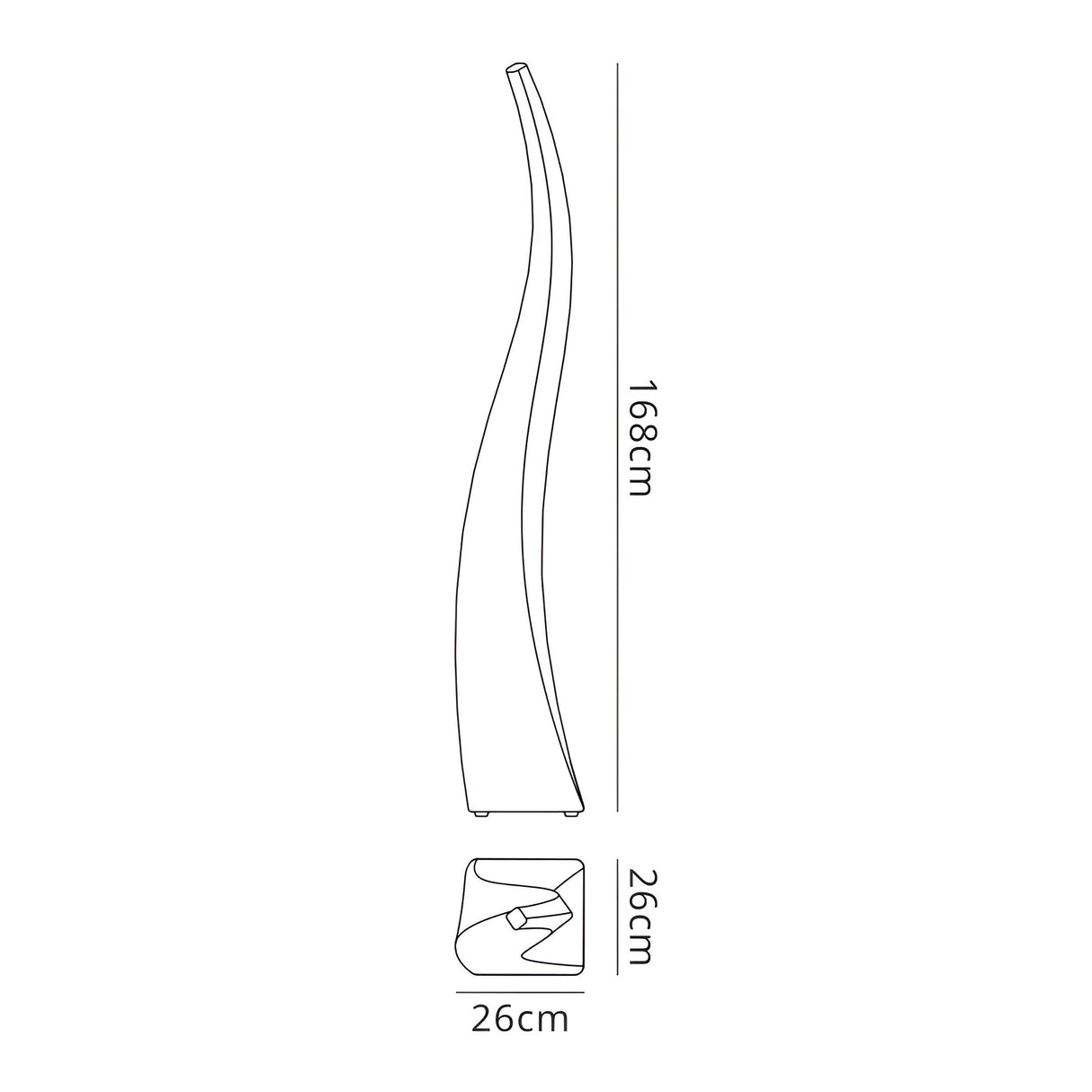 Line drawing of the Flame 5 Light Outdoor Floor Lamp - Opal White, showing labeled dimensions: 168 cm high, 26 cm wide, 26 cm deep; top and side views included. Ideal for stylish modern outdoor lighting.