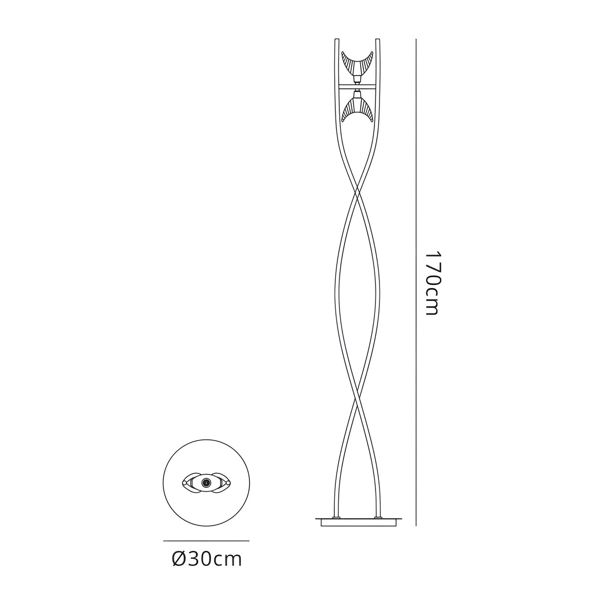 Line drawing of the Eclipse 2 Light Floor Lamp - Black Chrome, featuring two curved, intertwined poles, two upward-facing lights, 170 cm height, 30 cm round base. Includes top and side views of this contemporary design.