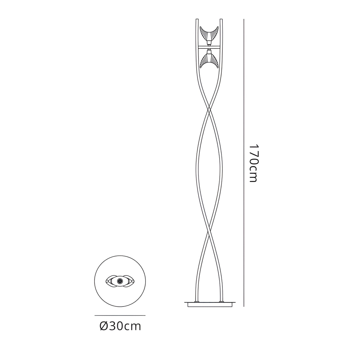 Line drawing of the Eclipse 2 Light Floor Lamp in polished chrome, featuring a twisted design, dual ambient lights, a round 30 cm base (top-down view included), and a height of 170 cm.