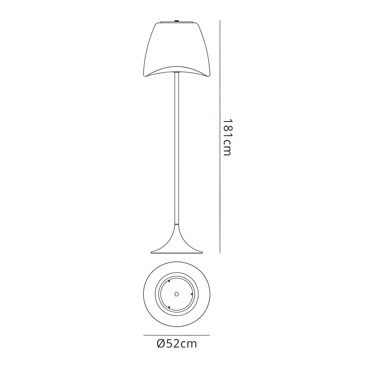 Line drawing of the Cool 2 Light Floor Lamp in matt white & opal white, featuring a flared shade, central pole, and round 52 cm base. Ideal for ambient lighting. Lamp height: 181 cm.
