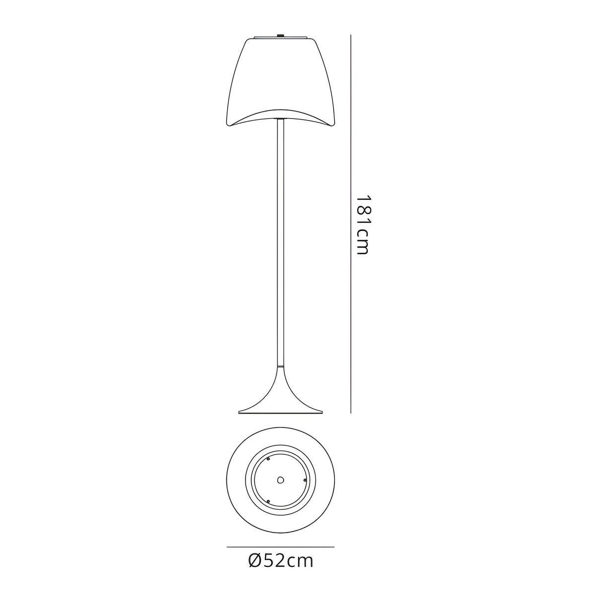 Line drawing of the Cool 2 Light Outdoor Floor Lamp in Matt White & Opal White, featuring a curved lampshade and circular base. Weather-resistant, 181 cm tall with a 52 cm diameter base; top and front views show detailed measurements for garden lighting plans.