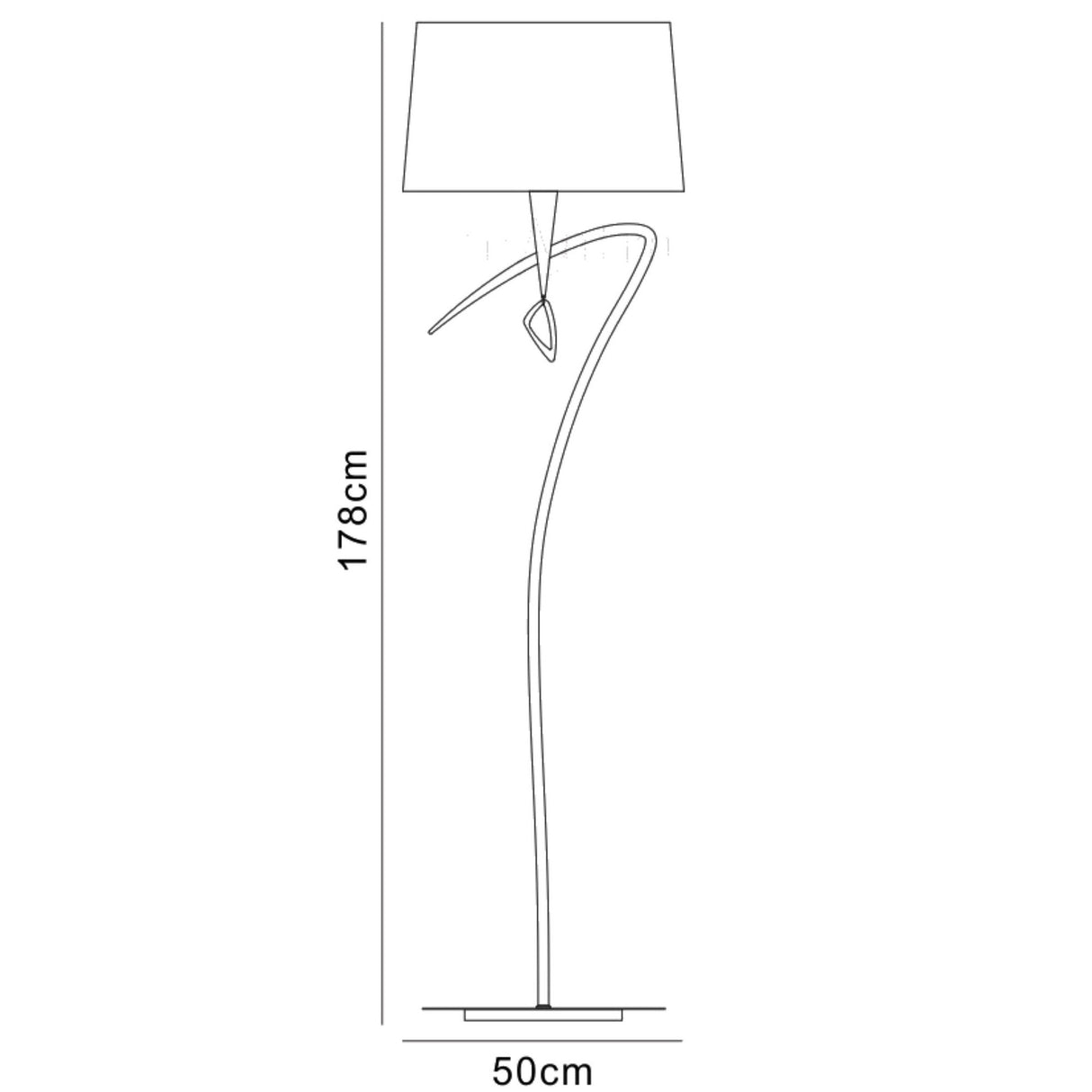 Line drawing of the Mara 4 Light Floor Lamp in antique brass with an ivory white shade, featuring a curved stem, rectangular lampshade, minimalist style, standing 178 cm tall with a 50 cm wide base.