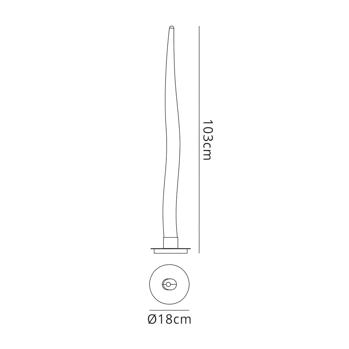 A line drawing of the Estalacta 1 Light Small Floor Lamp in silver & opal white shows its tall, slender form on a circular base, with height marked as 103 cm and base diameter as 18 cm—ideal for accent lighting in any space.