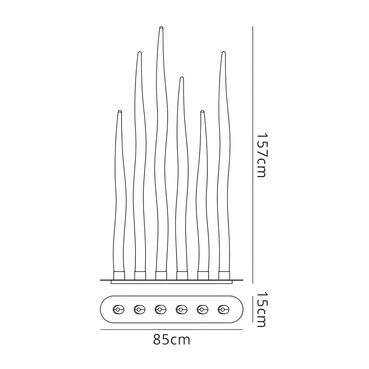 Line drawing of the Estalacta 6 Light Floor Lamp - Silver & Opal White, a tall sculptural piece with seven wavy elements on a rectangular base. It stands 157 cm high, 85 cm wide, and has a base depth of 15 cm.