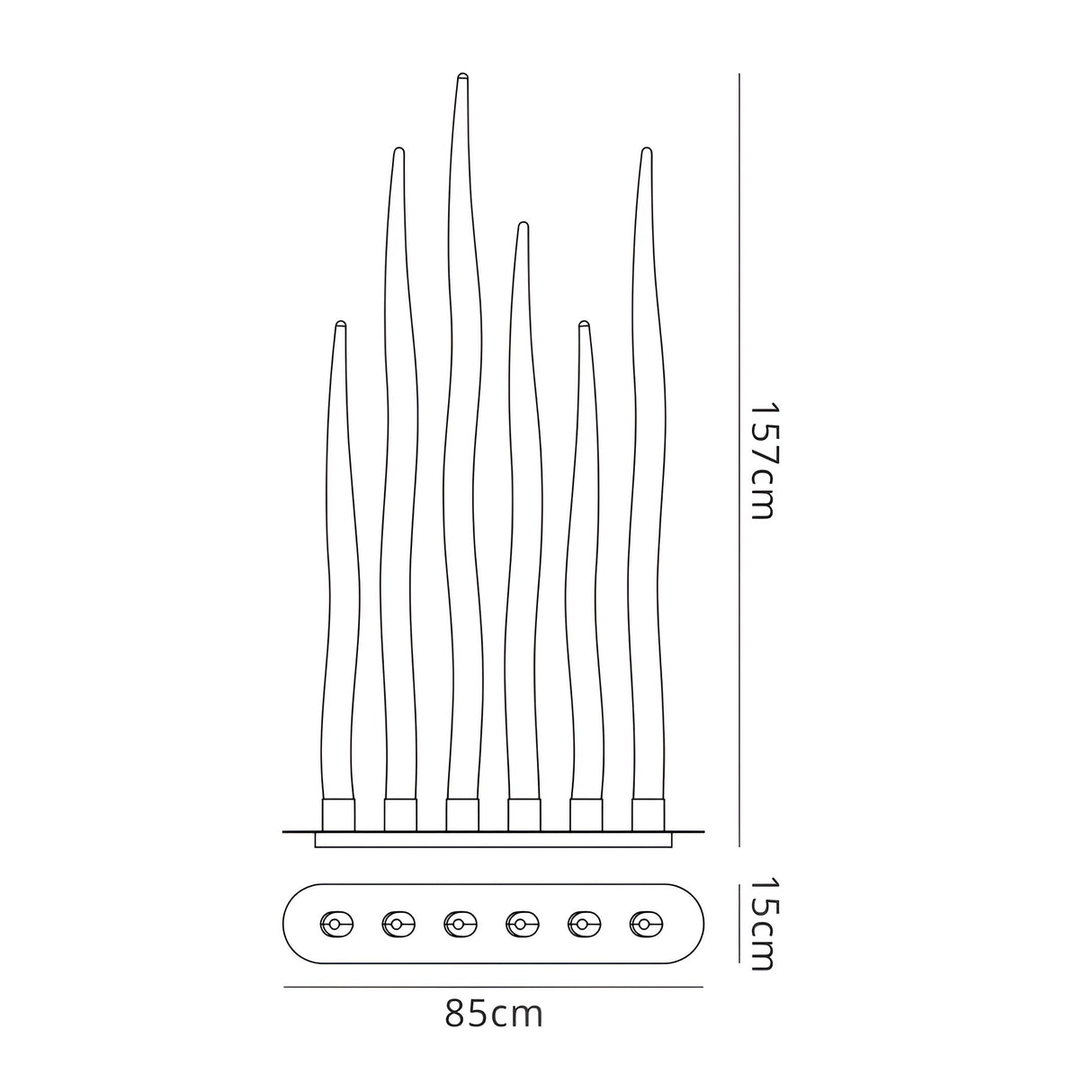 Line drawing of tall, wavy vertical shapes in a planter box (85 cm wide, 15 cm tall), tallest at 157 cm—ideal as the Estalacta 6 Light Outdoor Floor Lamp in Silver & Opal White for striking contemporary patio lighting.