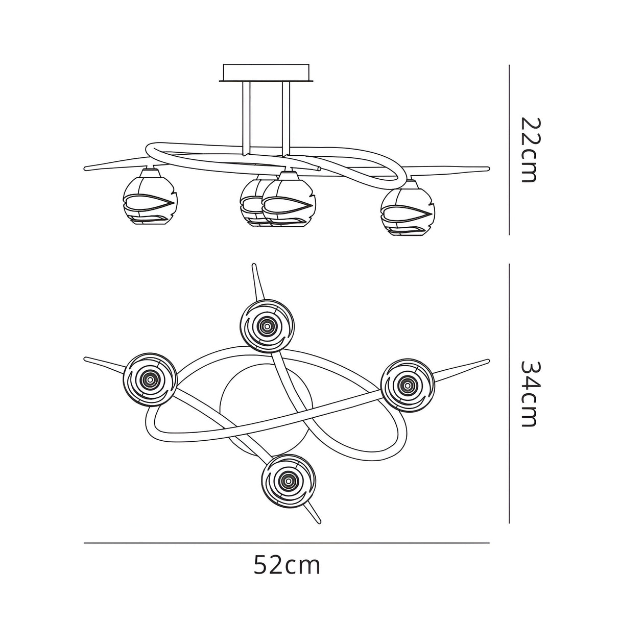 Technical drawing of Mantra Loop 4-light semi-flush ceiling light with side and top views, dimensions 52cm wide, 34cm deep, 22cm high.