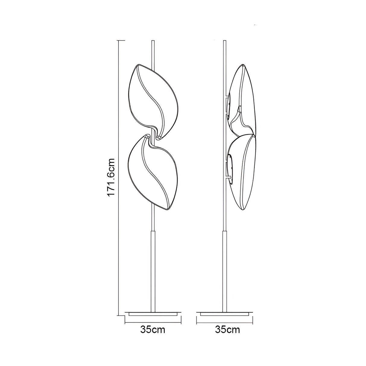 Line drawing of the Natura Floor Lamp 4 Light in polished chrome/opal white, part of the Natura range. Features two curved, leaf-like shades, LED compatibility, stands 171.6 cm tall with a 35 cm wide square base. Front and side views shown.