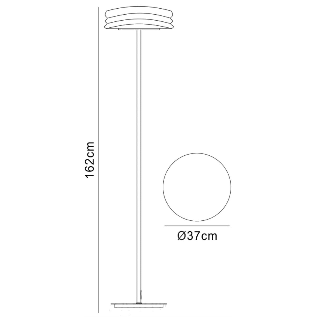 Line drawing of the Mediterraneo 2 Light Glass Floor Lamp in polished chrome, featuring a round base and layered circular shade. Measures 162 cm tall with a 37 cm shade diameter. Includes ambient lighting and a top-down view of the shade.