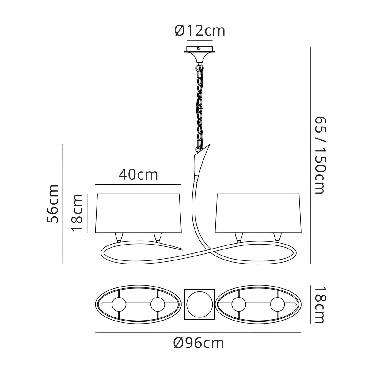 Lua Linear 2 Arm 4 Light Chandelier - Satin Nickel With White Shades
