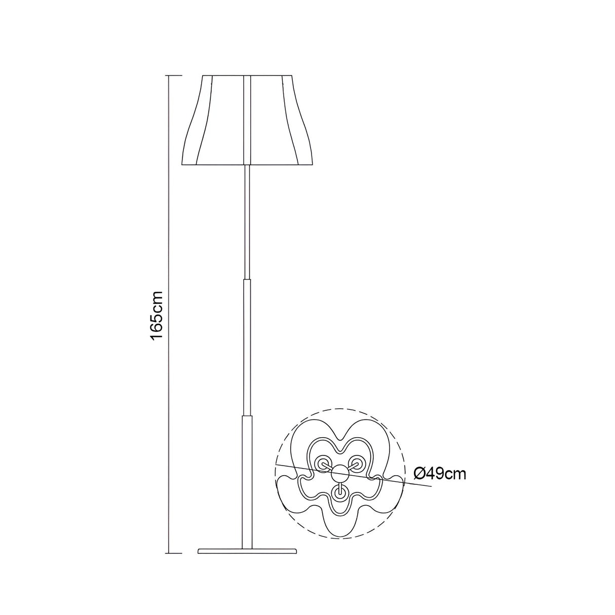 Line drawing of the Miss 3 Light Floor Lamp in gloss white & polished chrome, height labeled as 165 cm. An inset shows the decorative flared lampshade’s top view with a 49 cm diameter—ideal for contemporary spaces.