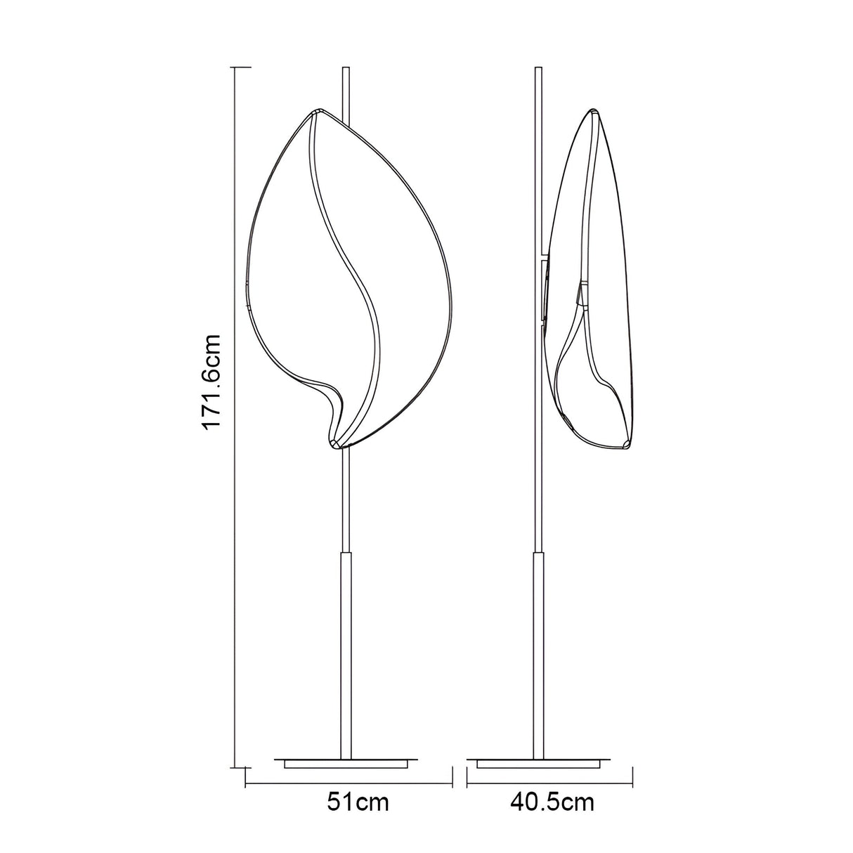 Line drawing of the Natura 2 Light Outdoor Floor Lamp—Matt White/Opal White finish—with a leaf-shaped shade, shown from front and side. Ideal for ambient lighting. Dimensions: 171.6 cm H, 51 cm W (front), 40.5 cm D (side).
