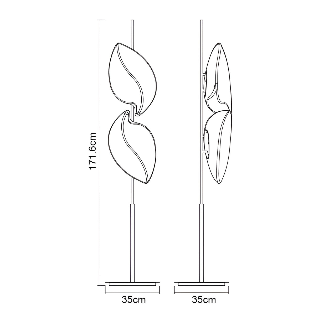 Line drawing of the Natura 4 Light Outdoor Floor Lamp in Matt White/Opal White, featuring two large curved leaf-shaped shades on a slim pole. Measures 171.6 cm high with a 35 cm square base. Front and side views included.