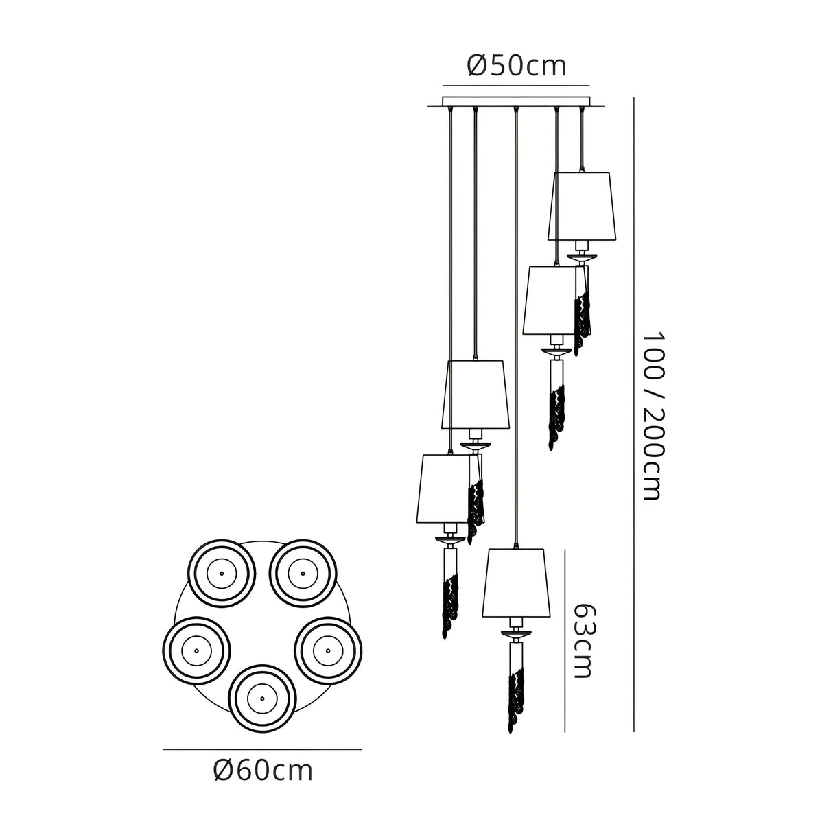 Tiffany 5 Light Crystal Cluster Pendant Light - Gold With Cream Shades