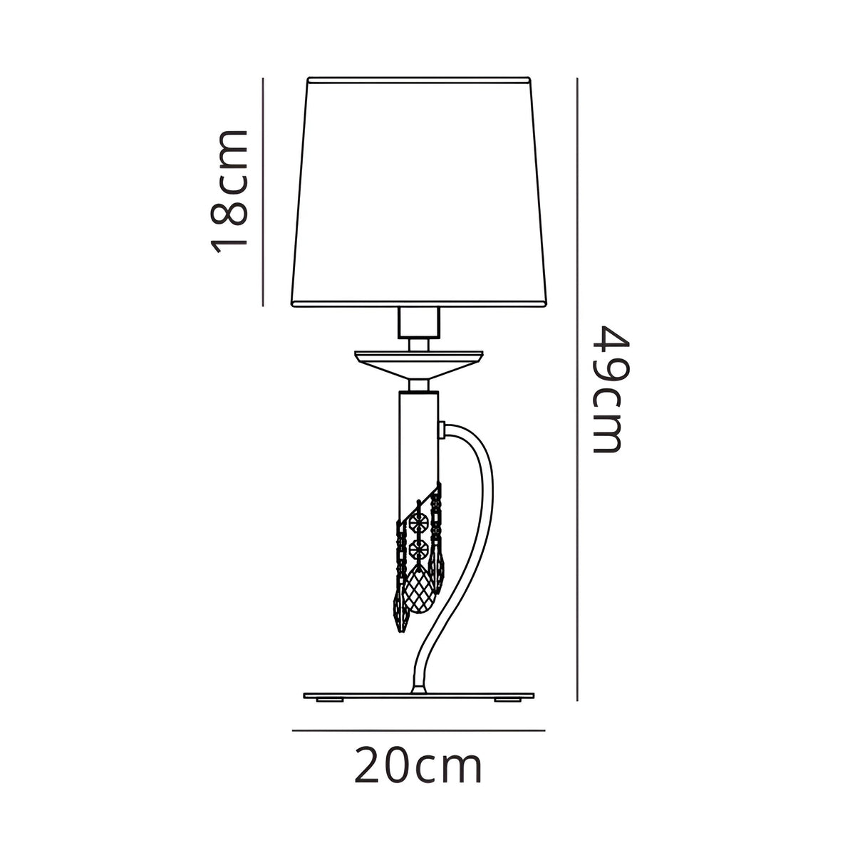 Line drawing of the Tiffany 2 Light Crystal Table Lamp in chrome with a bronze shade, 49cm tall with an 18cm high shade and 20cm wide base; features a decorative stem—ideal for luxury interiors.