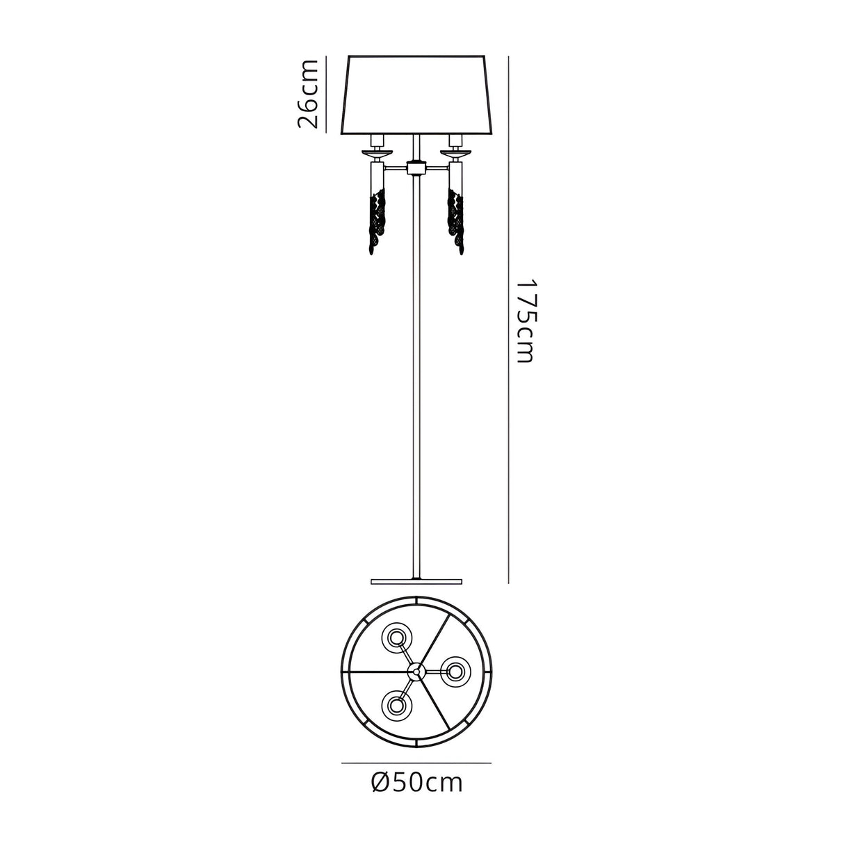 Line drawing of the Tiffany 6 Light Crystal Floor Lamp in gold with a cream shade, featuring dual pull chains and a round base. Dimensions: height 175 cm, shade height 26 cm, base diameter 50 cm.