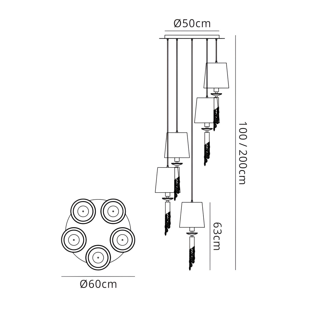 Tiffany 5 Light Crystal Cluster Pendant Light - Brass With Cream Shades