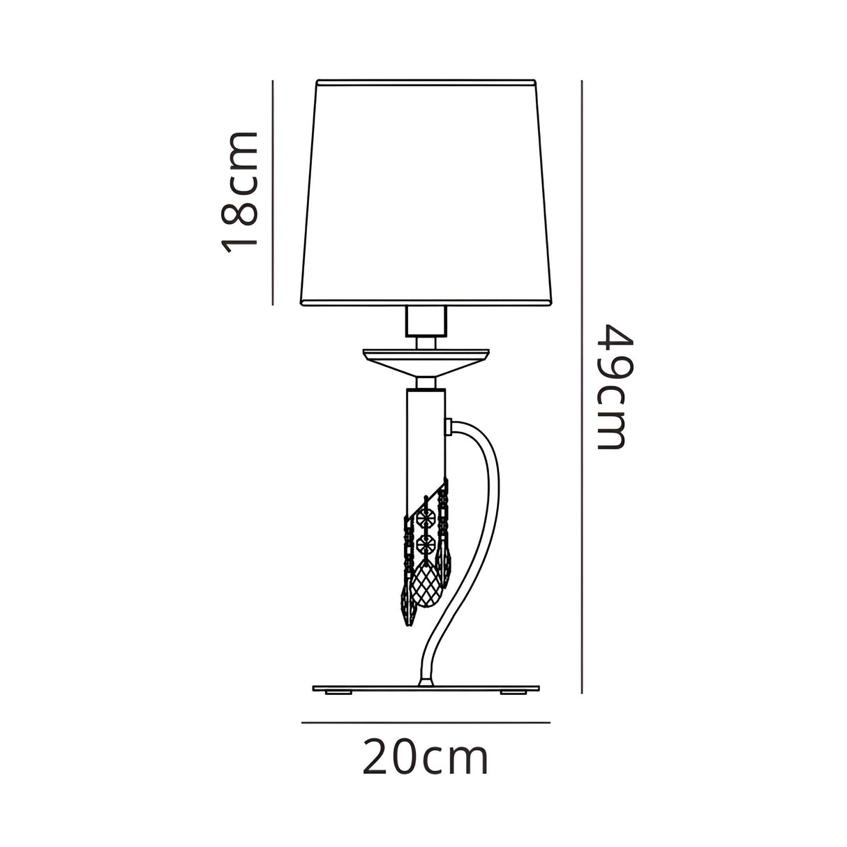 Line drawing of a Tiffany 2 Light Crystal Table Lamp in brass with cream shade, 49 cm tall, 18 cm high shade, and a 20 cm wide base. Features a curved decorative stand with labeled measurements.