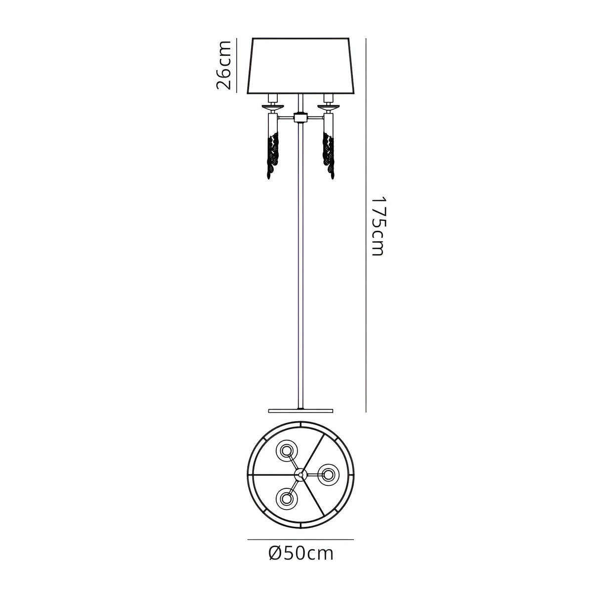 Line drawing of the Tiffany 6 Light Crystal Floor Lamp - Brass With Bronze Shade, featuring a 26cm-tall shade, round 50cm base, total height 175cm, six bulbs, and decorative elements hanging below the shade.