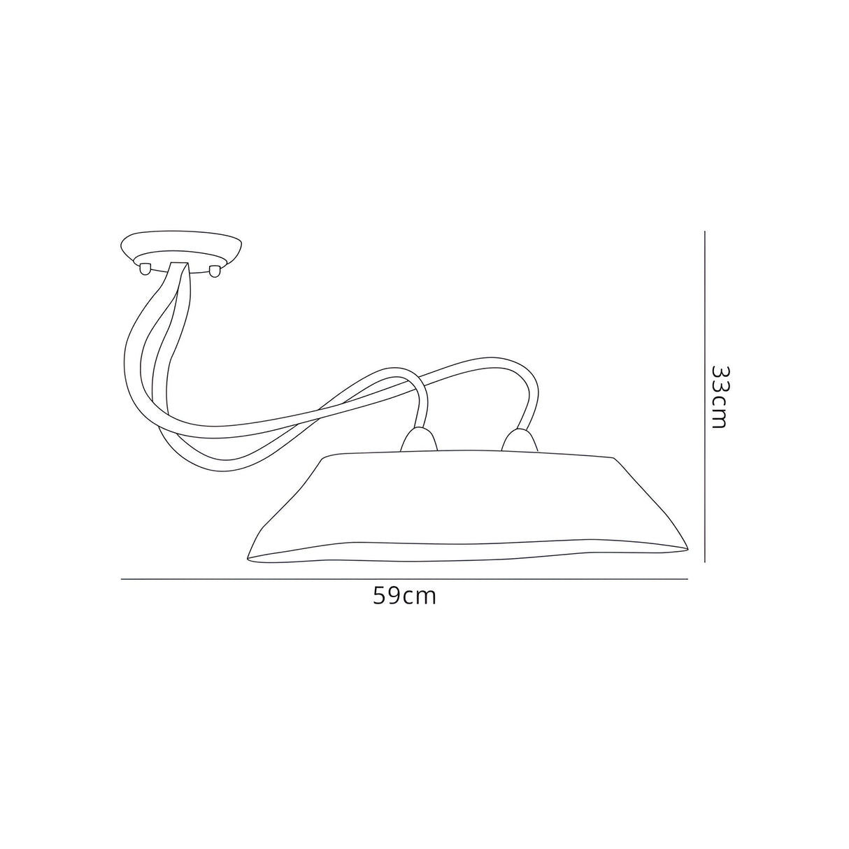 Dimensioned line drawing of the Mantra Tentacle 2 Light semi-flush ceiling light, showing 59cm width and 33cm height with curved arms.