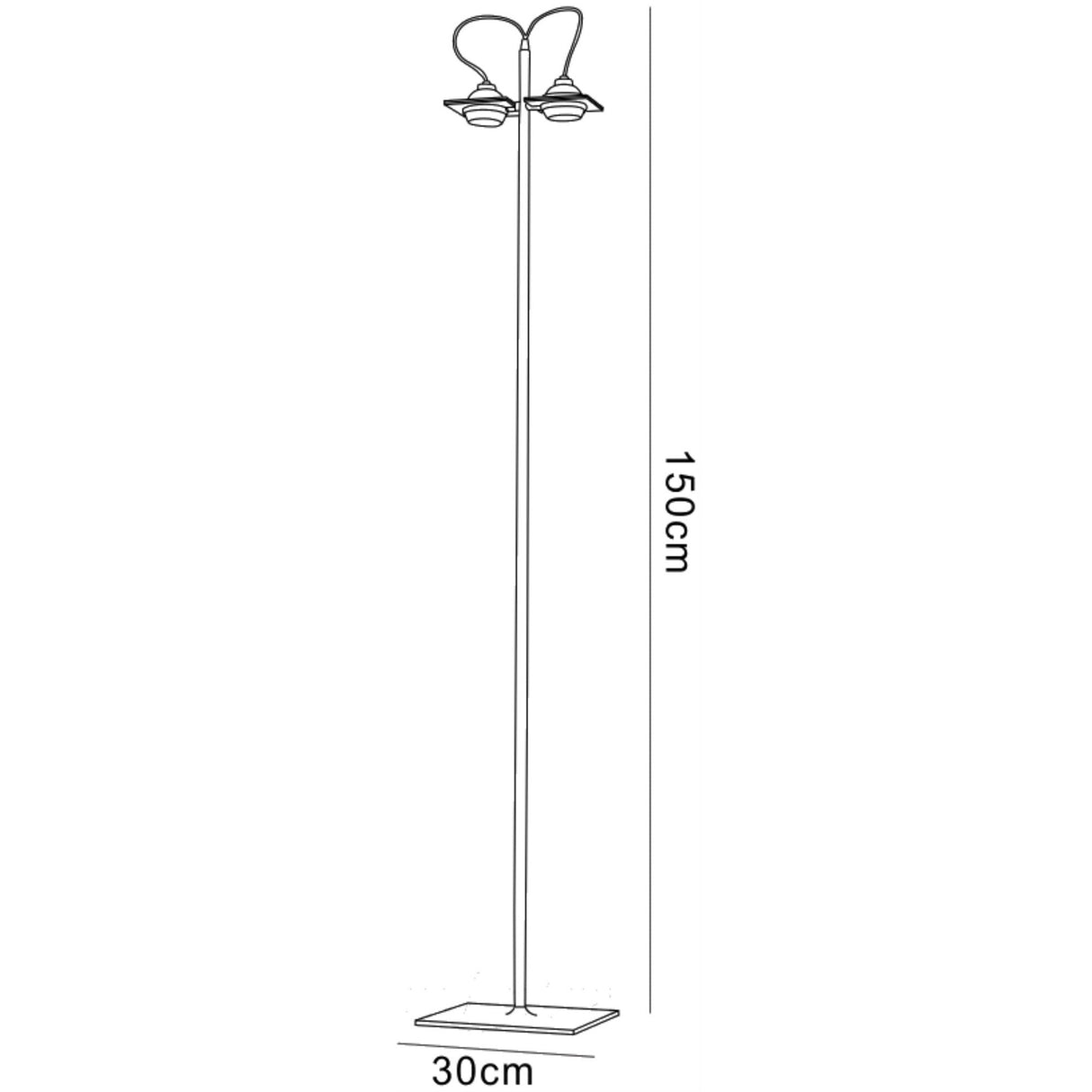 Line drawing of the Ull 2 Light Floor Lamp - Silver, featuring an industrial design with two top light fixtures for ambient lighting; 150 cm tall, 30 cm wide at the base.