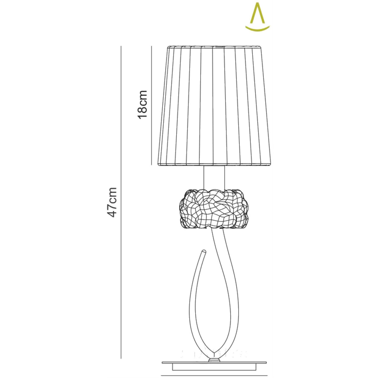 Line drawing of the Loewe Small 1 Light Table Lamp in polished chrome with a white pleated shade, decorative central detail, curved base, and a flat rectangular bottom. The lamp stands 47 cm tall with an 18 cm high shade.