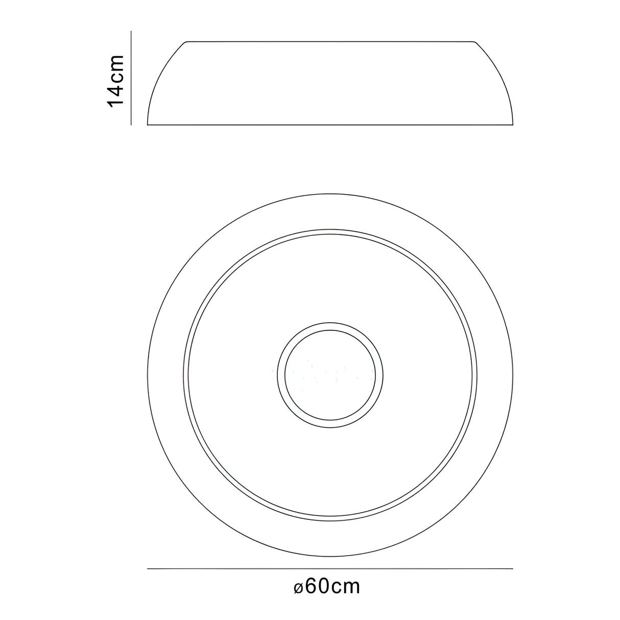 Technical line drawing of the Mantra Argenta LED flush ceiling light showing 60cm diameter and 14cm height with side and underside views.