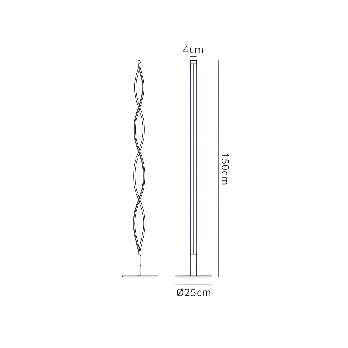 Line drawing of the Sahara LED Floor Lamp 21W 3000K - Silver & Chrome, showing front and side views with measurements: 150 cm tall, 4 cm wide, base diameter 25 cm. This modern floor lamp provides gentle ambient LED lighting.