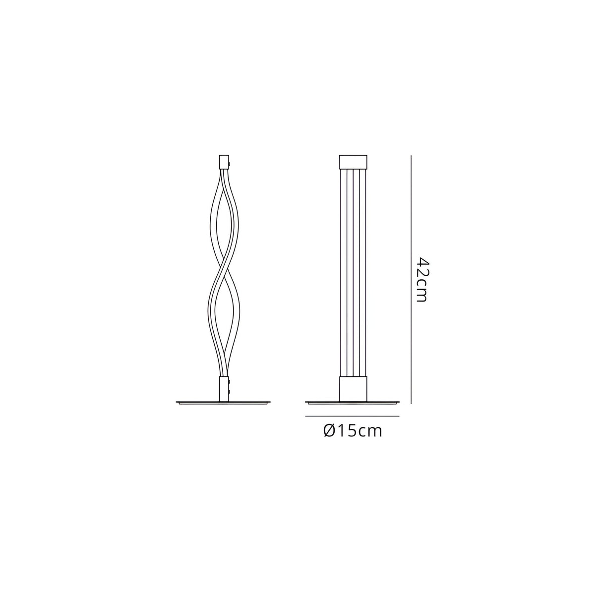 Line drawing of the Sahara LED Table Lamp 6W 3000K in Silver & Chrome with a twisted modern design, shown front and side. Lamp is 42 cm tall with a 15 cm round base. Simple, minimal sketch on plain background.
