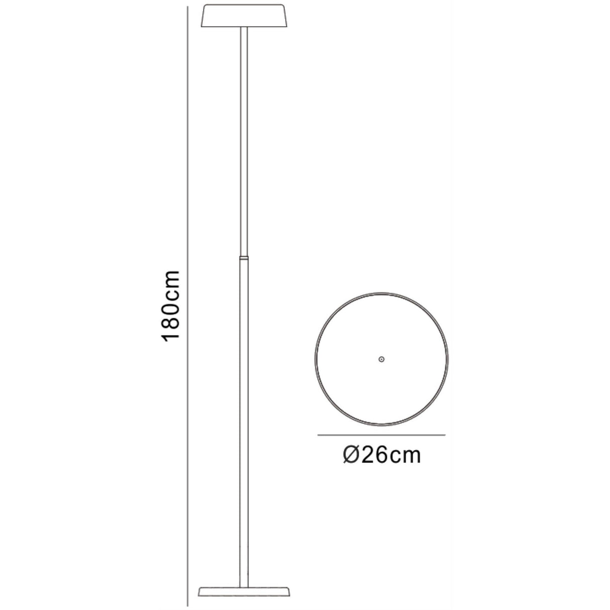 Line drawing of the Noa II Touch Dimmer LED Floor Lamp (9W, 3000K, Matt White & Beech), 180 cm tall, with side and top views. Features a touch dimmer, 26 cm circular base, and a modern Scandinavian design with a round lamp head.