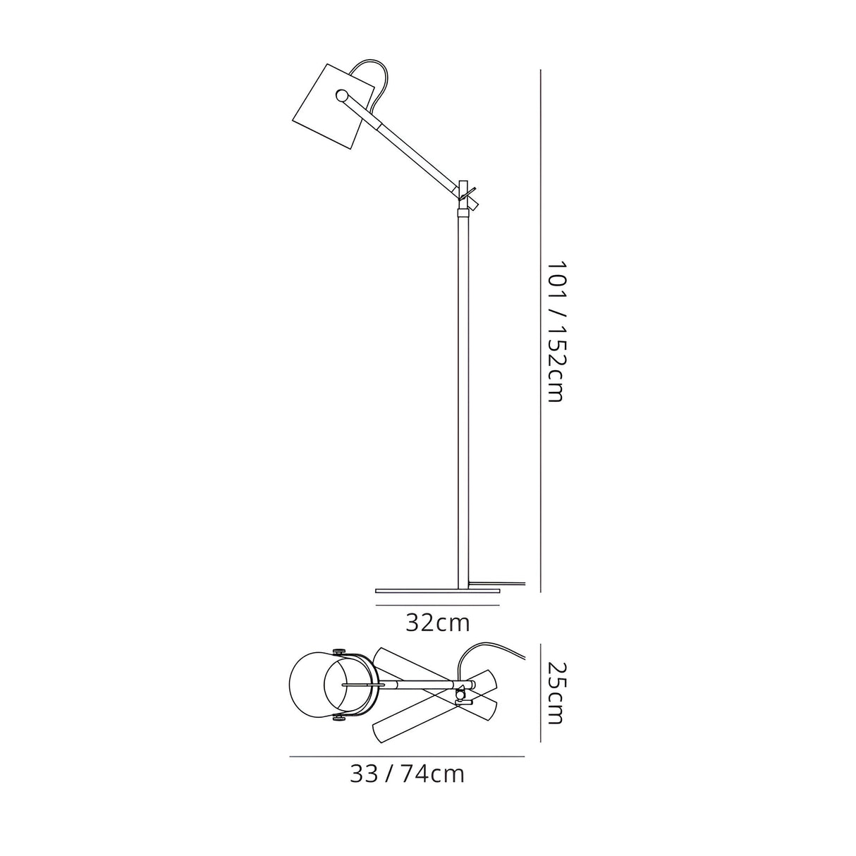 Line drawing of the Nordica 1 Light Floor Lamp in matt white with ivory white shade; height: 101–152 cm, base width: 32 cm, shade height: 25 cm, top view width: 33/74 cm.