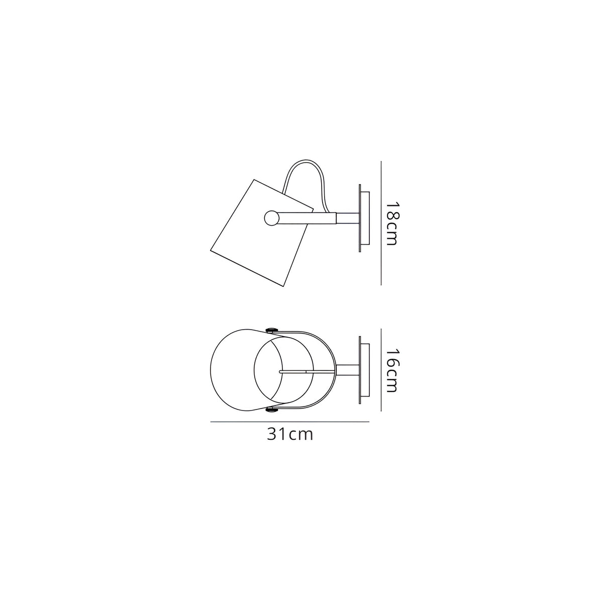 Mantra Nordica 1 Light Single Spotlight dimension diagram showing 18cm height, 16cm depth and 31cm projection in matt black and beech.