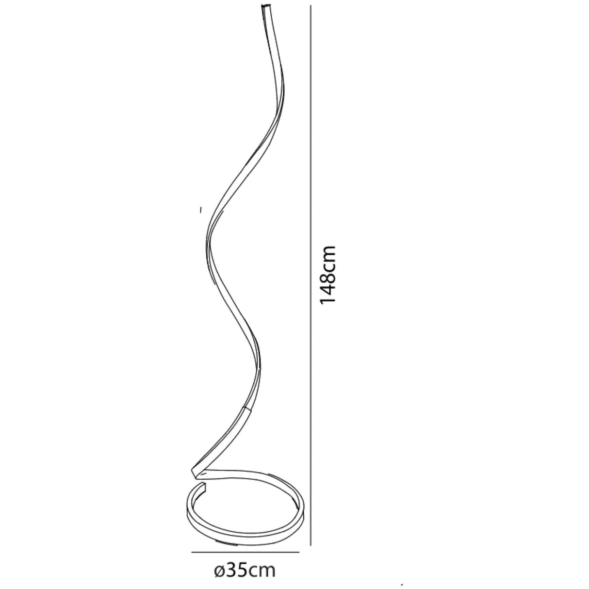 Line drawing of the Nur Dimmable LED Floor Lamp 20W 3000K in Silver & Chrome, featuring a modern spiral design, circular base, 148 cm height, and 35 cm diameter—perfect as an adjustable ambient LED floor lamp for any space.