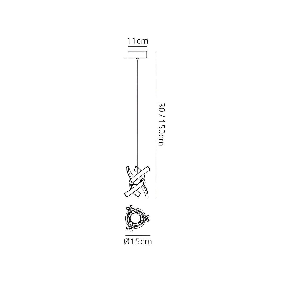 Dimension diagram of the Mantra Espirales LED pendant light showing 11cm ceiling rose, 15cm diameter spiral shade, and adjustable 30–150cm drop.