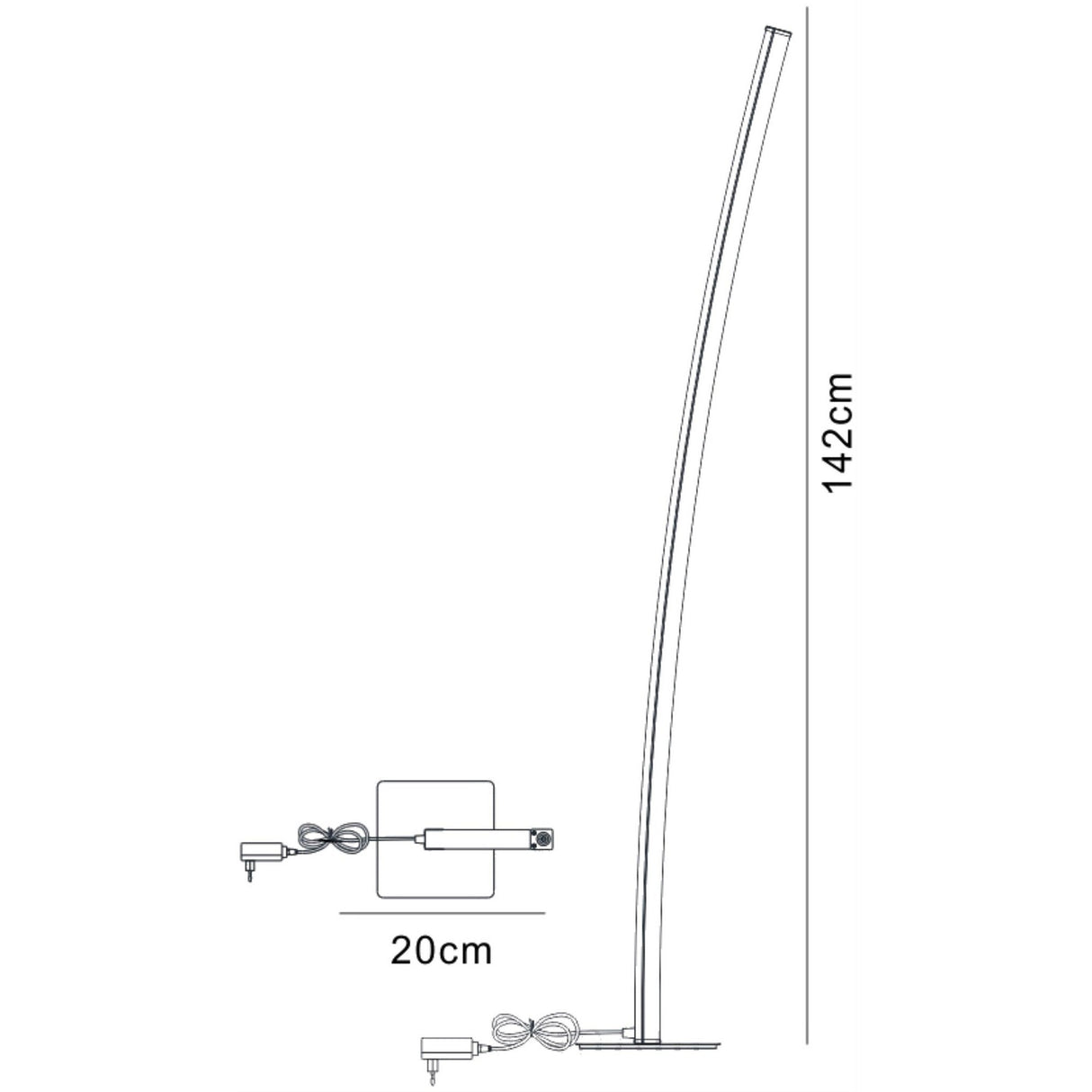 Line drawing of the Surf Touch Dimmer LED Floor Lamp 23W 3000K - Nickel/Chrome, featuring a modern curved design with a 142 cm height and 20 cm base width, shown from side and top views with measurements.